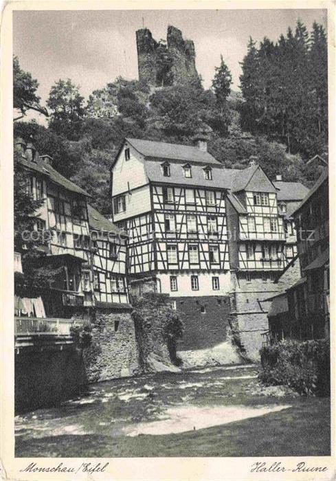 Monschau Montjoie NRW Eifel Haller-Ruine Fachwerkhaeuser Burgruine Altstadt Rur