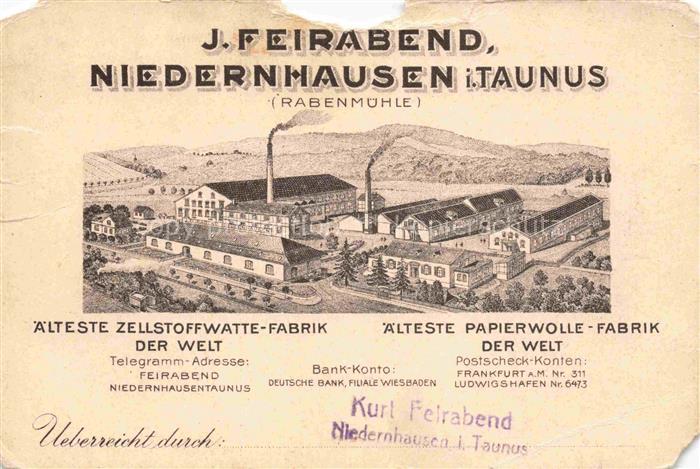 Niedernhausen Taunus Rabenmuehle Zellstoffwatte-Fabrik Papierwolle-Fabrik Fabri