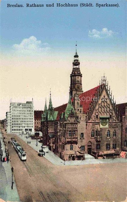 WROCLAW Breslau PL Rathaus Hochhaus Sparkasse Strassenbahn Marktplatz Gotik Mode