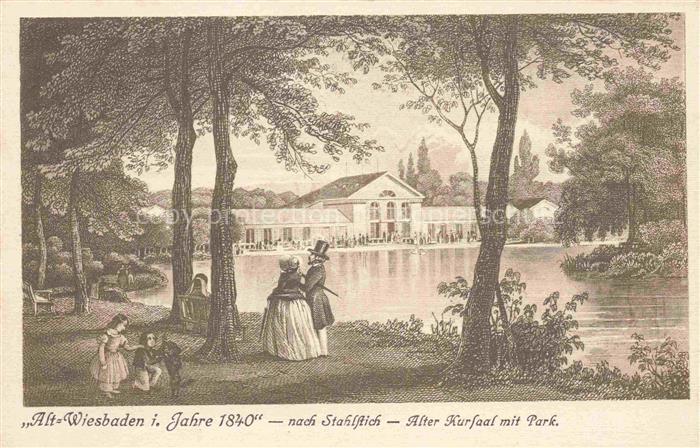 WIESBADEN Alter-Kursaal Park Teich Spaziergaenger Biedermeier Stahlstich