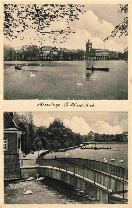 Merseburg Saale Sachsen-Anhalt Gotthard-Teich Teich Schwaene Ruderboot Bruecke U