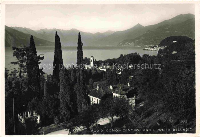 Bellagio Lago di Como IT Lago-di-Como Punta-Bellagio Kirchturm Zypressen See Ber