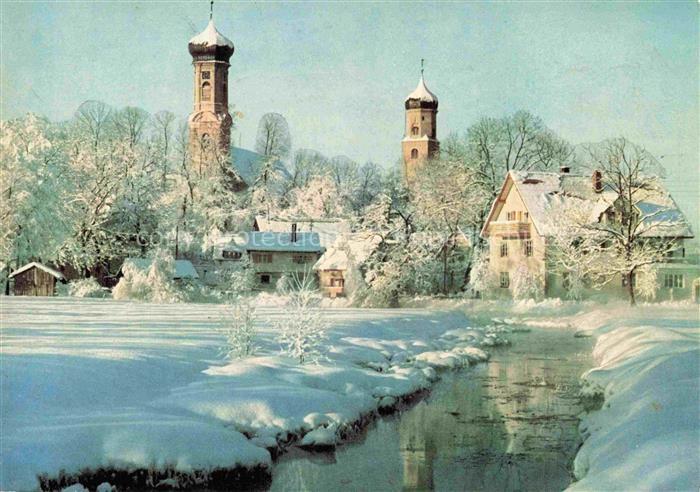 Isny Allgaeu Bayern Blaserturm Kirchturm Winterlandschaft Schnee Fluss Baeume Wo
