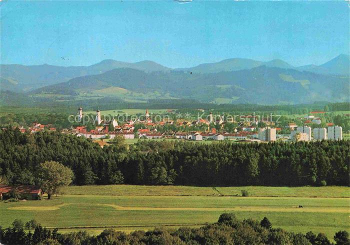 Isny Allgaeu Bayern Stadtpanorama Alpen Berge Wald Wiesen Kirchturm Hochhaeuser