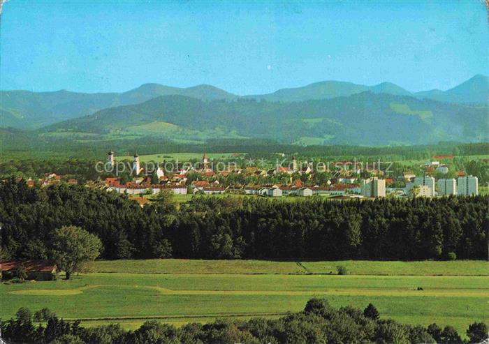 Isny Allgaeu Bayern Stadtansicht Kirche Hochhaeuser Wald Berge Allgaeu Wiesen