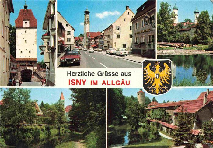 Isny Allgaeu Bayern Stadttor Hauptstrasse Wappen Weiher Stadtmauer Kirchturm Aut