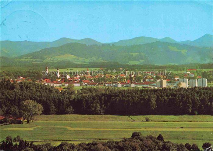Isny Allgaeu Bayern Stadtpanorama Kirche Hochhaus Wald Wiesen Alpen Bergkette