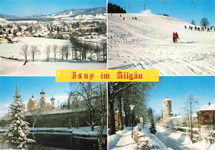 Isny Allgaeu Bayern Winterpanorama Skifahrer Piste Kirche Blaserturm Schnee Mehr