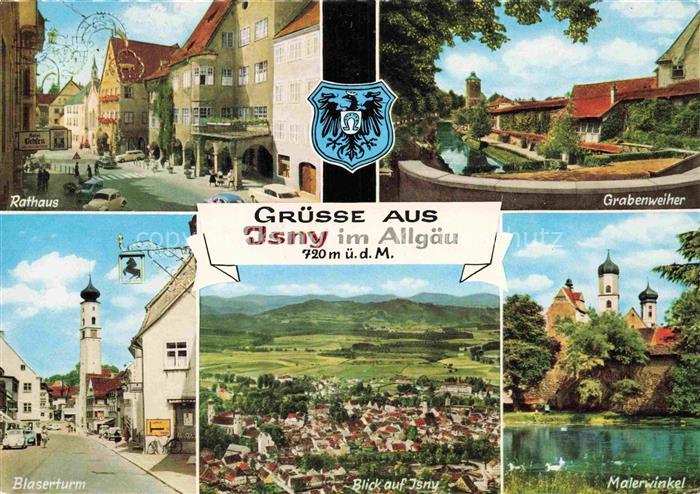 Isny Allgaeu Bayern Rathaus Grabenweiher Blaserturm Blick-auf-Isny Malerwinkel M