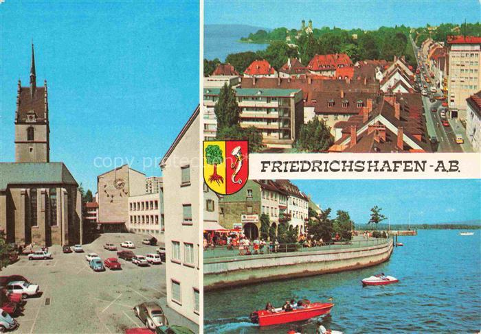 FRIEDRICHSHAFEN Bodensee BW Bodensee Kirche Stadtblick Hafen Motorboot Uferprome