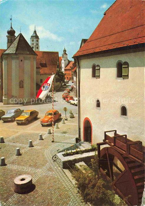 Wangen Allgaeu Bayern Eselmuehle Wasserrad Kapelle Kirchturm Altstadt Autos Pfla