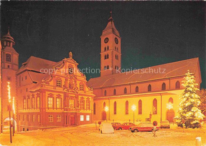 Wangen Allgaeu Bayern Rathaus Stadtkirche Nachtaufnahme Weihnachten Schnee Weihn