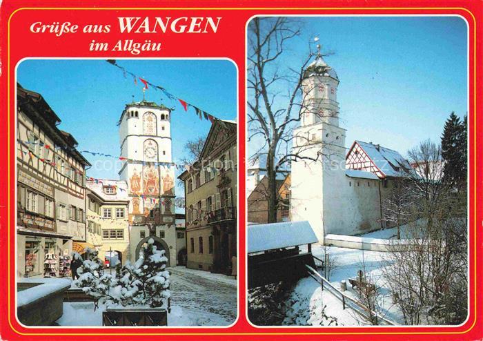 Wangen Allgaeu Bayern Stadttor Altstadt Winter Schnee Fachwerkhaus Flaggen Turm