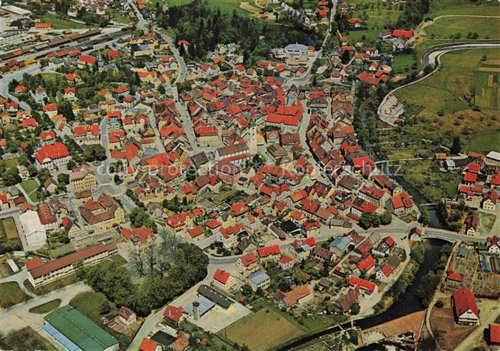Wangen Allgaeu Bayern Stadtpanorama Altstadt Kirchtuerme Fluss Bahnlinie Felder
