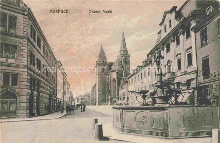 ANSBACH Mittelfranken Bayern Oberer-Markt Brunnen Kirche Strassenszene Geschaeft