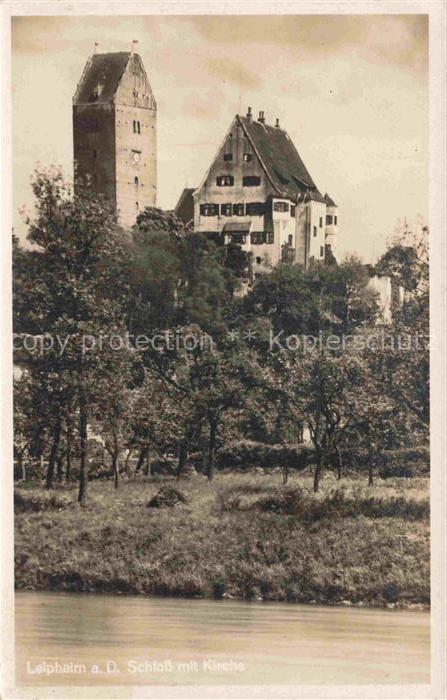 Leipheim Schloss Kirche Turm Fluss Donau Baeume Hangbebauung