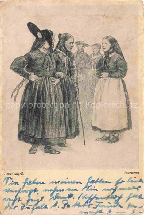 ROTTENBURG Neckar BW Schwaebische-Tracht Frauen Gespraech Handzeichnung Schwobe