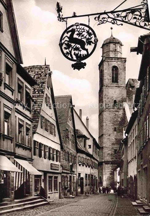 DINKELSBueHL Turmgasse Kirchturm Fachwerkhaus Schmiedeeisen-Schild Hirsch Kopfst