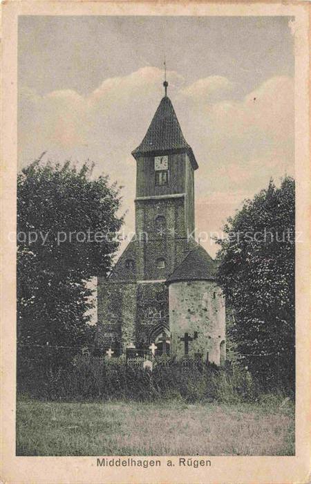 Middelhagen Ruegen MVP Kirche Kirchturm Kirchhof Friedhof Grabkreuze Baeume Feld