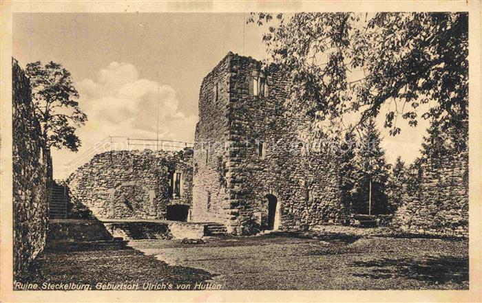 Herolz Steckelburg Ruine Burgturm Ulrich-von-Hutten Geburtsort Mauern Baeume