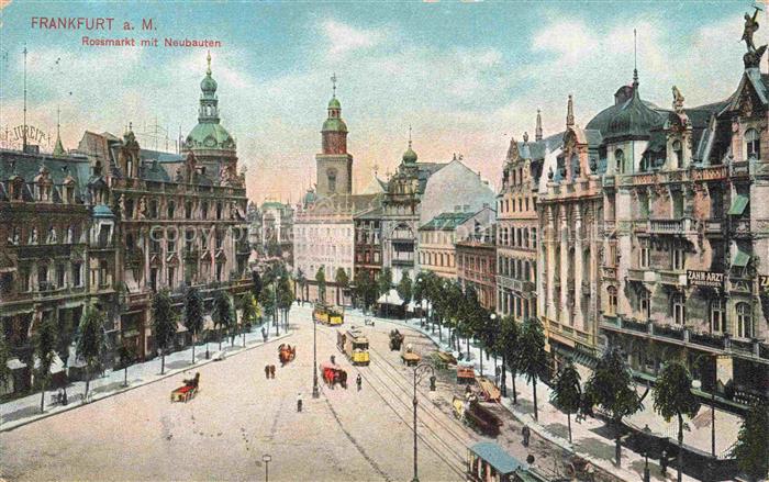FRANKFURT AM MAIN Rossmarkt Neubauten Strassenbahn Pferdefuhrwerk Platanen Stadt