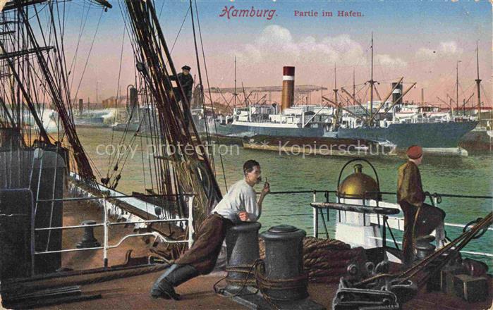 HAMBURG  CITY Hafen Schiffe Dampfschiff Seeleute Matrosen Masten Elbe