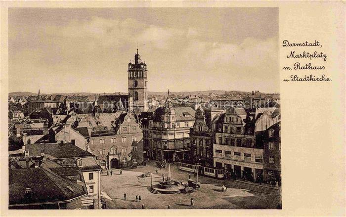 DARMSTADT Hessen Marktplatz Rathaus Stadtkirche Turm Brunnen Strassenbahn Daeche