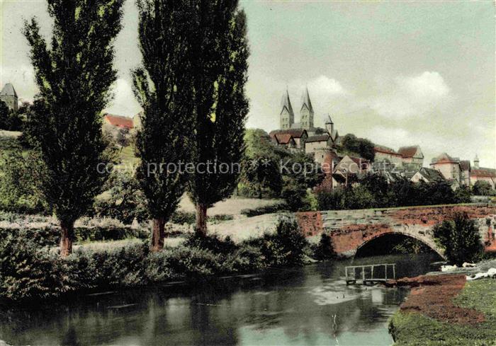 Fritzlar Hessen Bruecke Fluss Dom Kirche Altstadt Pappeln Baeume Stadtansicht