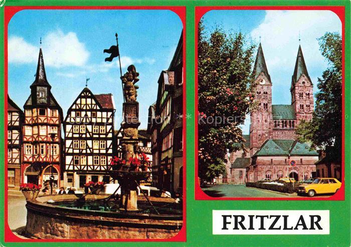 Fritzlar Hessen Marktplatz Rolandsbrunnen Fachwerk Dom Romanik Auto Baeume Blume