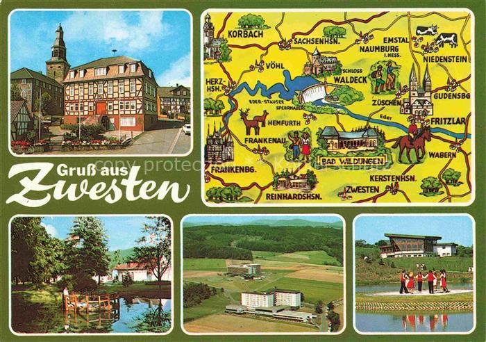 Bad Zwesten Hessen Rathaus Fachwerk Landkarte Kurgebaeude Teich Tracht Panorama