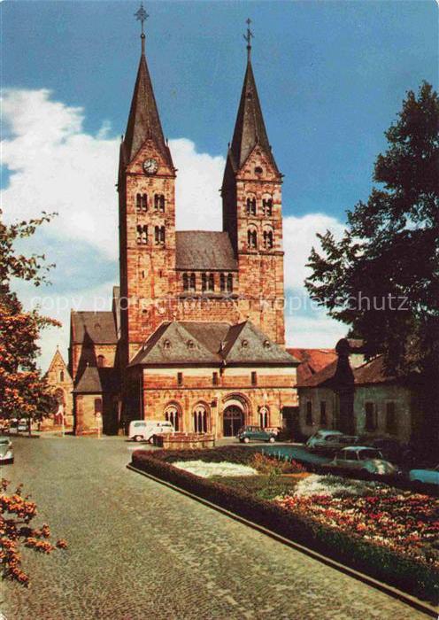 Fritzlar Hessen Dom Kirche Zwei-Tuerme Sandstein Vorplatz Blumenbeete Autos