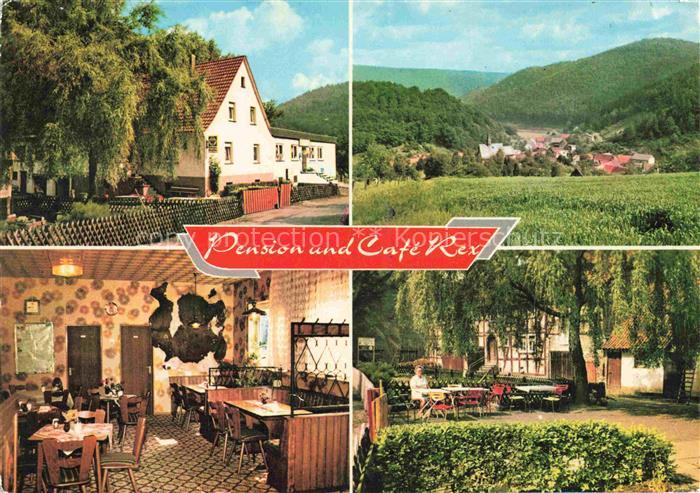 Frebershausen Pension Café-Rex Gastraum Garten Ortschaft Wiesen Huegel Fachwerk