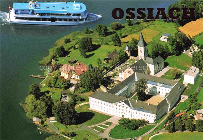 Ossiach Ossiachersee Kaernten AT Stift Motorschiff Kirche Kloster Halbinsel Luft
