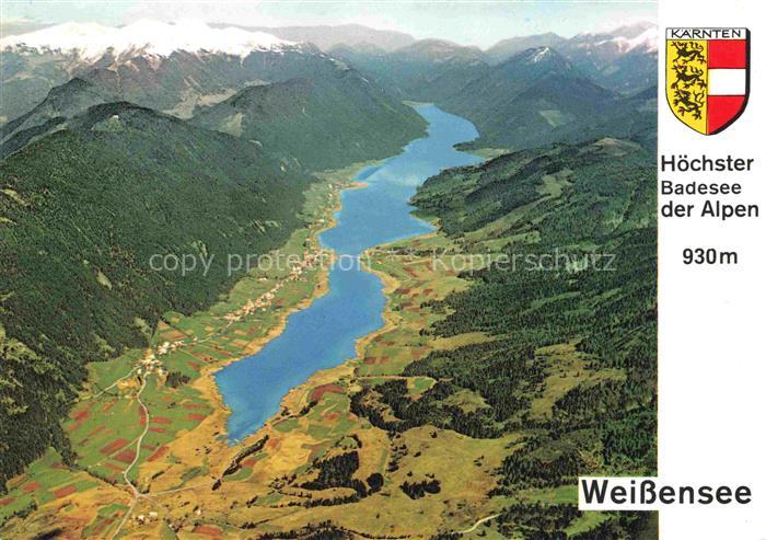 Weissensee Kaernten AT See Berge Alpen Luftbild Felder Tal Fliegeraufnahme