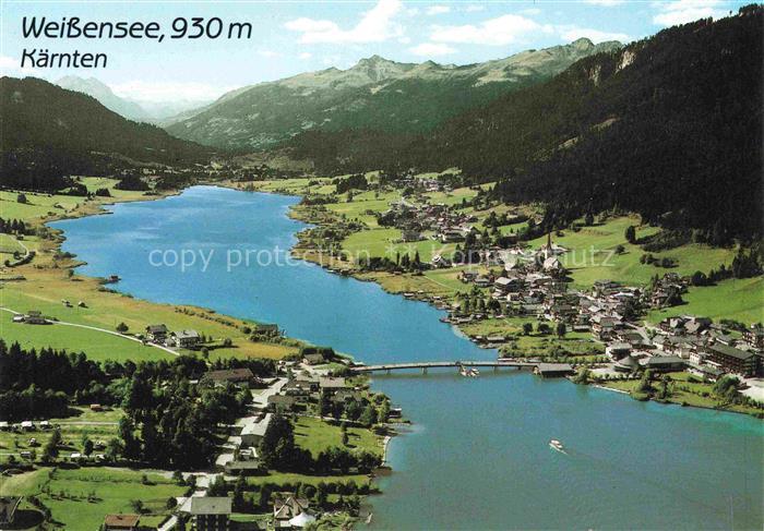Techendorf Weissensee Kaernten AT See Berge Alpen Luftbild Bruecke Ortschaft Cam