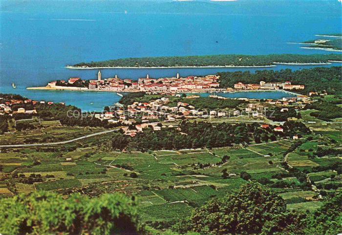 Rab Croatia Halbinsel Altstadt Kirchturm Meer Weinberge Felder Insel