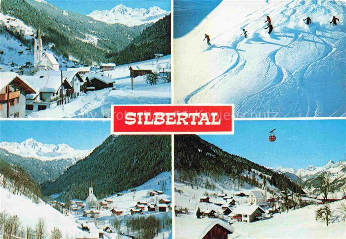 Silbertal Montafon Vorarlberg AT Silbertal Montafon Kirchturm Dorf Skifahrer Sei