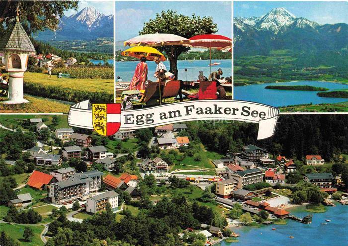 Egg Faakersee Kaernten AT Faakersee Luftbild See Berge Terrasse Badegaeste Wappe