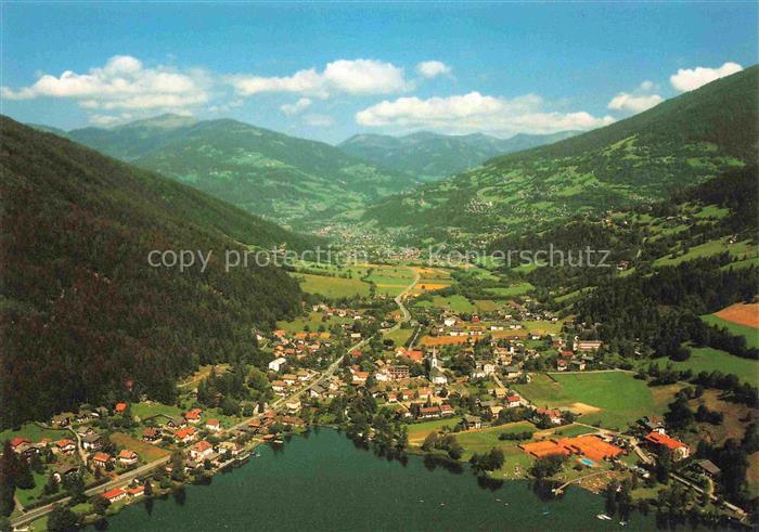 Feld am See Villach Kaernten AT Brennseehof Luftbild See Ort Kirche Tal Berge Fe