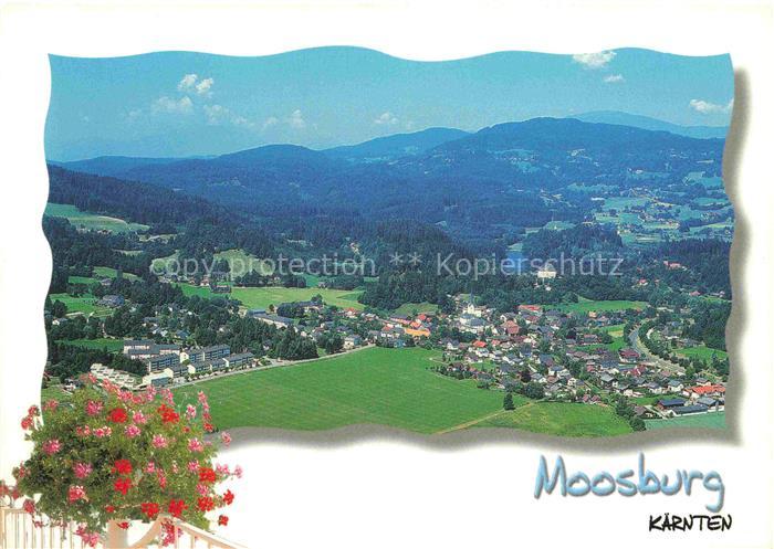 Moosburg Kaernten AT Panorama Ortschaft Felder Berge Geranien Luftaufnahme