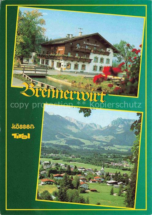 Koessen Tirol AT Brennerwirt Gasthof Bruecke Bach Bergpanorama Dorf Kirche Wiese