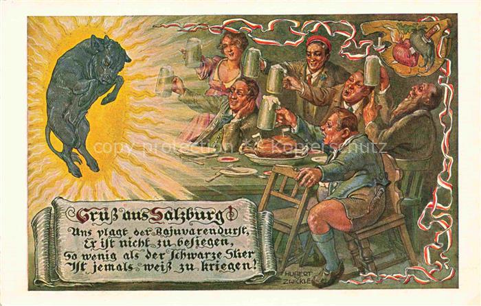 SALZBURG AT Gruss-aus-Salzburg Humor Schwarzer-Stier Bier Zechgelage Tracht Kar