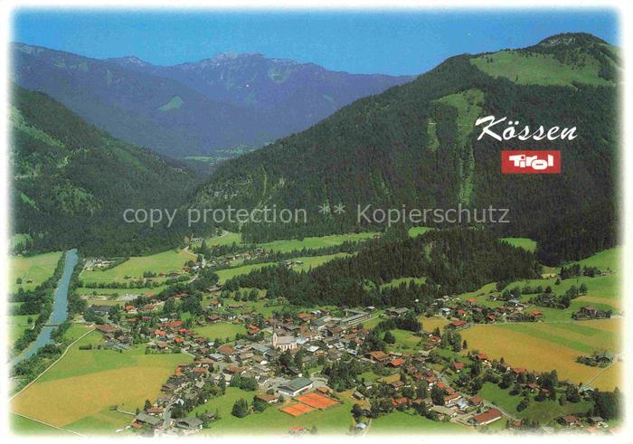 Koessen Tirol AT Luftaufnahme Bergtal Fluss Dorf Kirche Wiesen Felder Wald