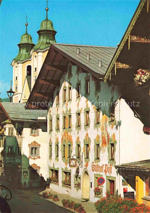 St Johann Tirol AT Gasthof-Post Speckbacherstrasse Kirche Fassadenmalerei Ortssz