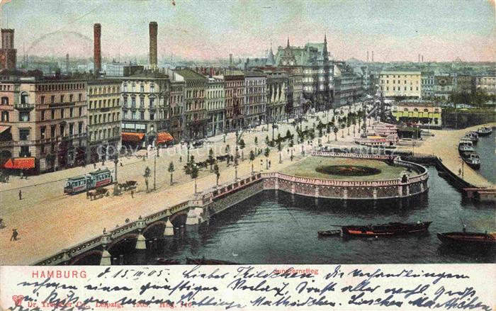 HAMBURG CITY Jungfernstieg Alsterfleet Strassenbahn Kanal Schornsteine Bruecke