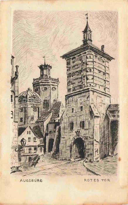 AUGSBURG Bayern Rotes-Tor Stadttor Turm Zeichnung Radierung Handabzug