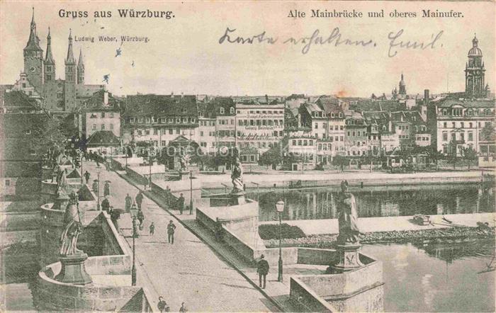 Heidingsfeld WueRZBURG Alte-Mainbruecke Main Mainufer Brueckenstatuen Kirchtuerm