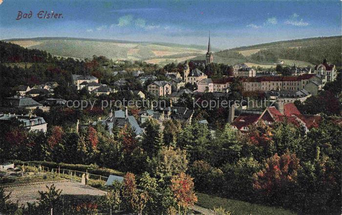 BAD ELSTER Vogtland Sachsen Stadtansicht Kirchturm Kurbad Huegel Baeume Villen V