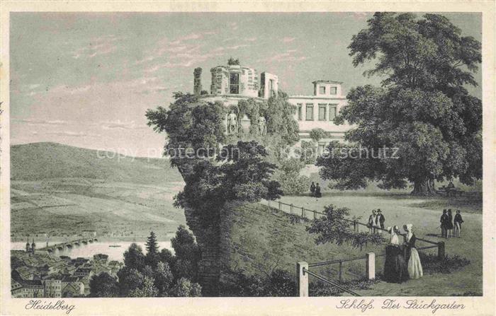 HEIDELBERG Neckar Schloss Stueckgarten Neckar Panorama Skulpturen Ruine Baeume