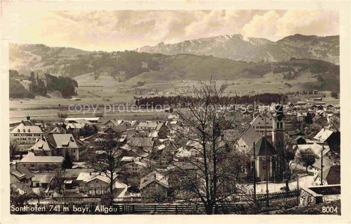 Sonthofen Allgaeu Bayern Stadtpanorama Kirche Allgaeuer-Alpen Berge Haeuser Wies